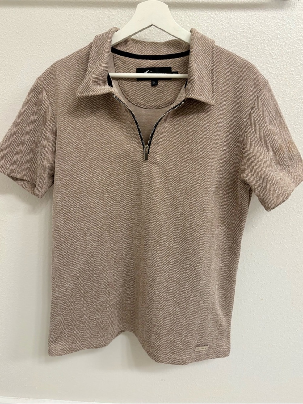 Mauvis Men's Taupe Short-Sleeve Quarter Zip Polo Dress Shirt